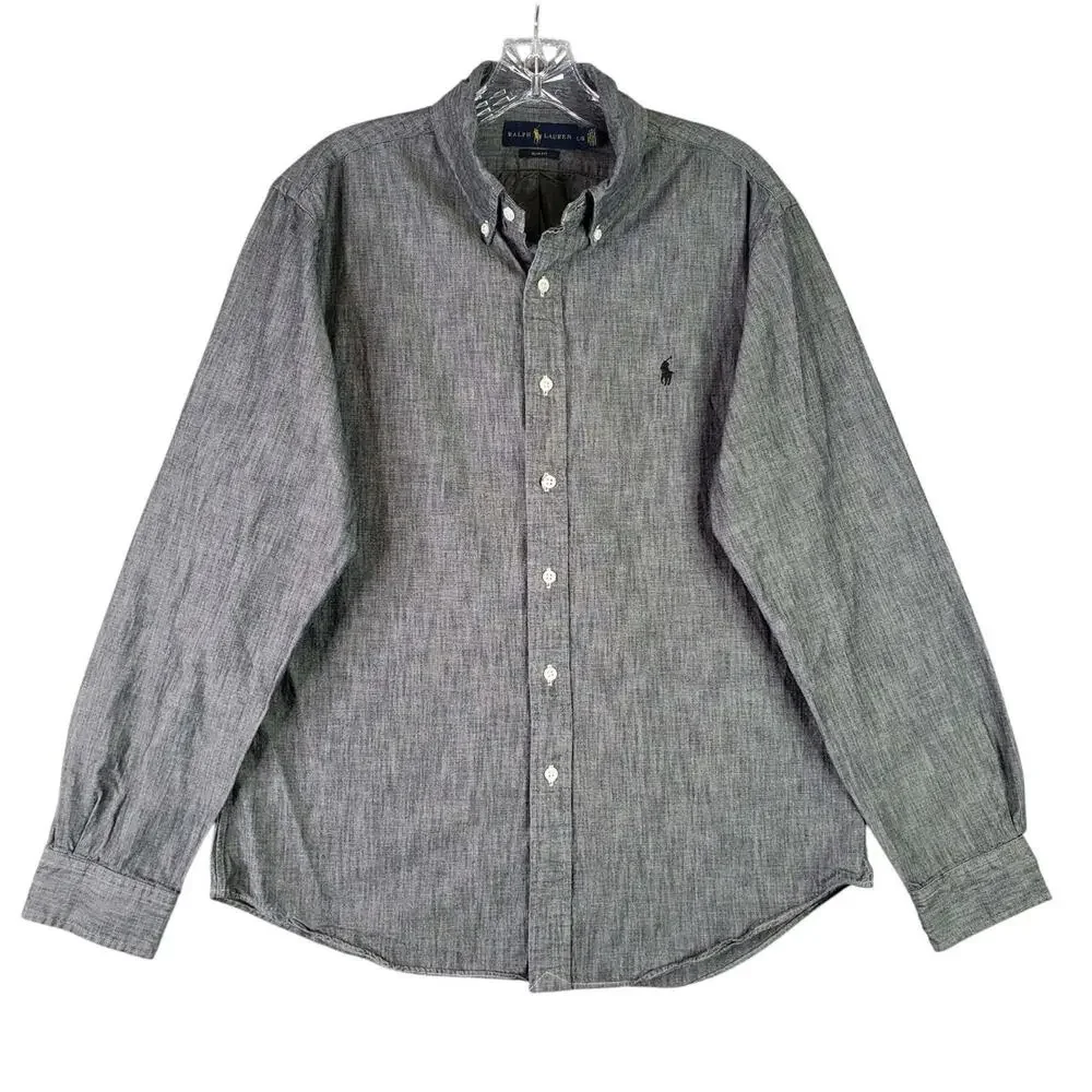Polo Ralph Lauren Shirt LS Button Down Gray Blue Denim Texture Mens Size Large L